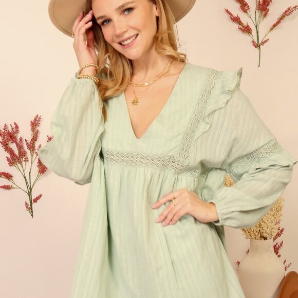LUMIERE Sage Green Long Sleeve Romper with Ruffle Details, Boho Chic - Picture 2 of 9